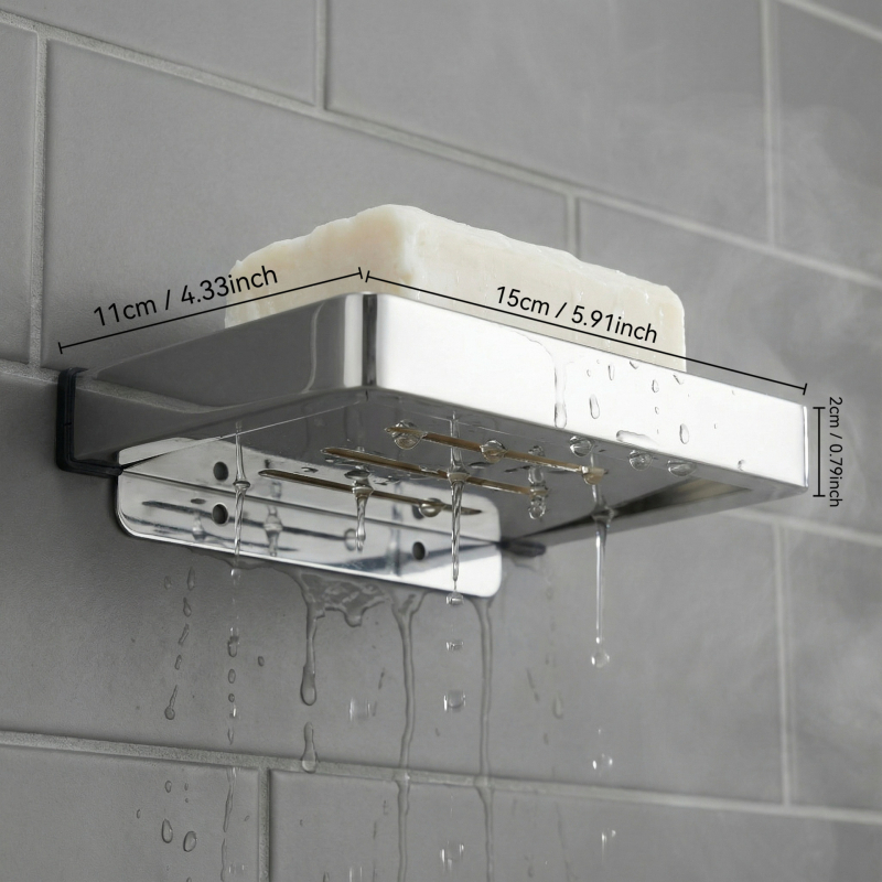 Raft de baie montat pe perete cu suport pentru hârtie igienică și telefon; oțel inoxidabil 304, finisaj polizat, formă dreptunghiulară.