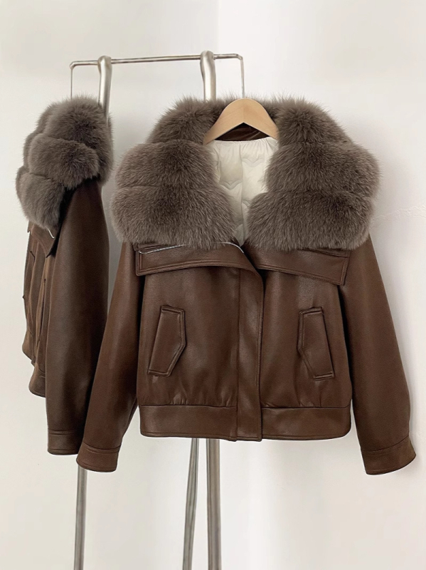 Dámsky semišový kabát s golierom z líšky a výplňou z peria, street-hipster štýl