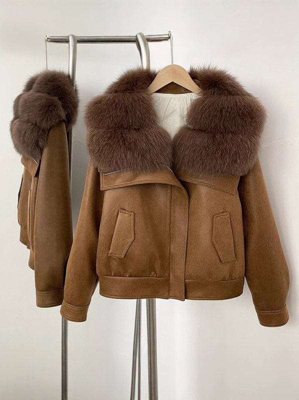 Dámsky semišový kabát s golierom z líšky a výplňou z peria, street-hipster štýl