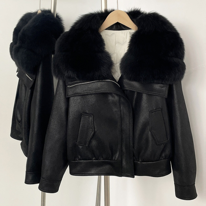 Dámsky semišový kabát s golierom z líšky a výplňou z peria, street-hipster štýl