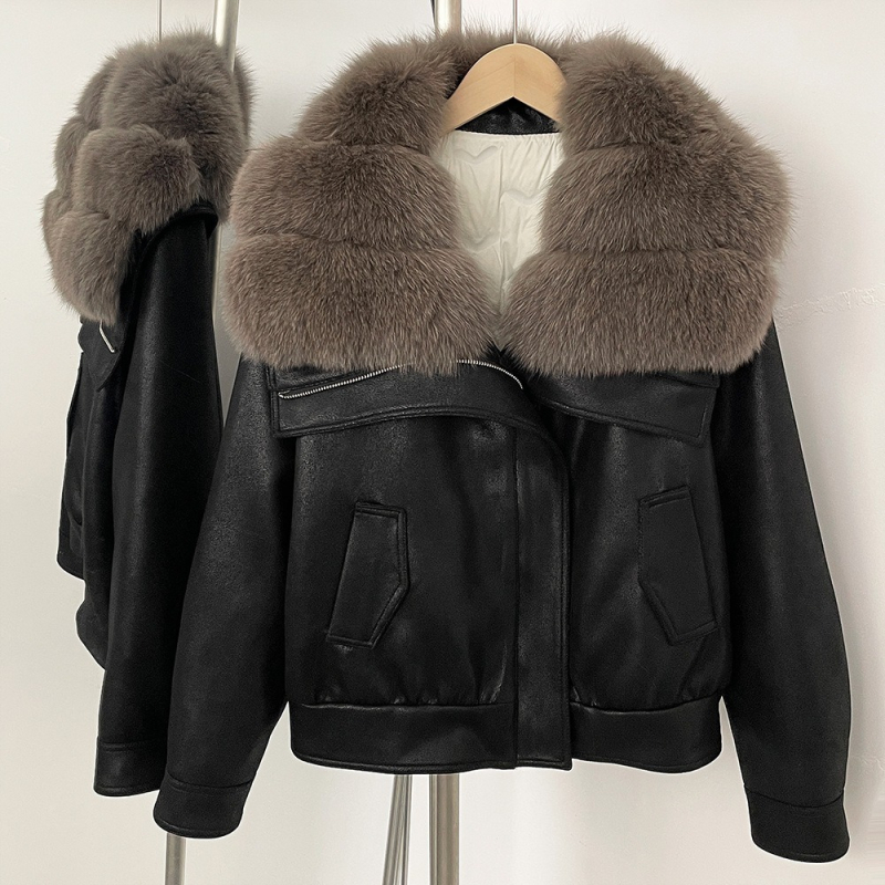 Dámsky semišový kabát s golierom z líšky a výplňou z peria, street-hipster štýl