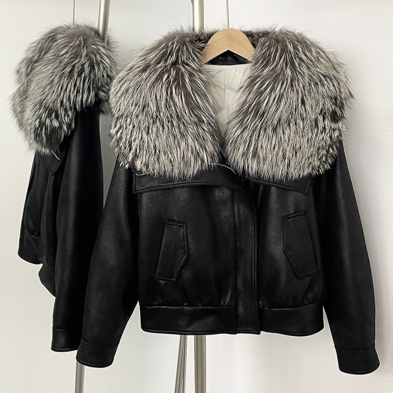 Dámsky semišový kabát s golierom z líšky a výplňou z peria, street-hipster štýl