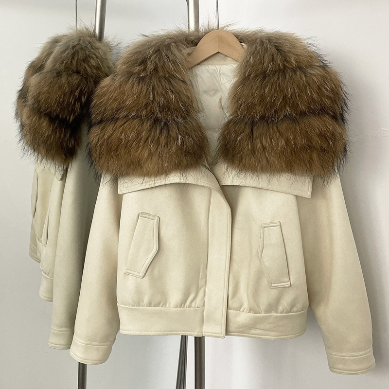 Dámsky semišový kabát s golierom z líšky a výplňou z peria, street-hipster štýl