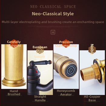 Mosadzový európsky antický kohútik pre umývadlo, horúca a studená voda, s jedným otvorom, na dosku, vysoký profil, keramický diskový ventil, model FG76-09