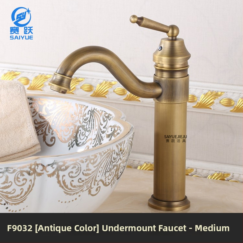 Mosadzový európsky antický kohútik pre umývadlo, horúca a studená voda, s jedným otvorom, na dosku, vysoký profil, keramický diskový ventil, model FG76-09