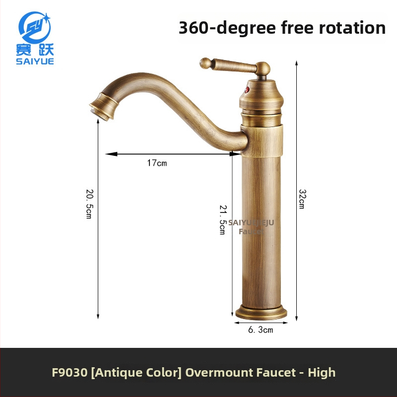 Mosadzový európsky antický kohútik pre umývadlo, horúca a studená voda, s jedným otvorom, na dosku, vysoký profil, keramický diskový ventil, model FG76-09