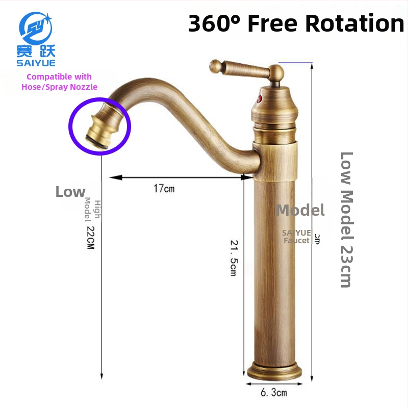 Mosadzový európsky antický kohútik pre umývadlo, horúca a studená voda, s jedným otvorom, na dosku, vysoký profil, keramický diskový ventil, model FG76-09