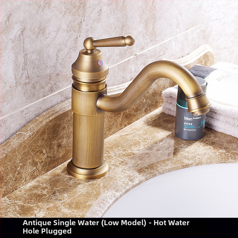 Mosadzový európsky antický kohútik pre umývadlo, horúca a studená voda, s jedným otvorom, na dosku, vysoký profil, keramický diskový ventil, model FG76-09