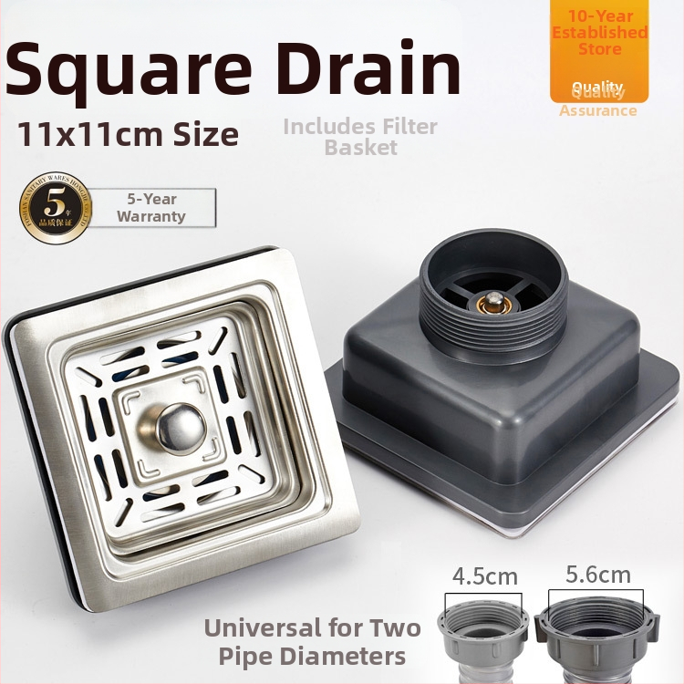 Muyun квадратен дренаж за мивка със филтър-кошничка, неръждаема стомана/пластмаса, модел Square drain, модерен минимализъм, тегло 0,2 кг