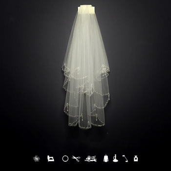 Νυφικό πέπλο από δίχτυ, διπλού στρώματος, με λευκά κρύσταλλα· απλό στυλ, κατάλληλο για γάμο, γενέθλια, φεστιβάλ