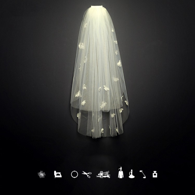 Νυφικό πέπλο από δίχτυ, διπλού στρώματος, με λευκά κρύσταλλα· απλό στυλ, κατάλληλο για γάμο, γενέθλια, φεστιβάλ