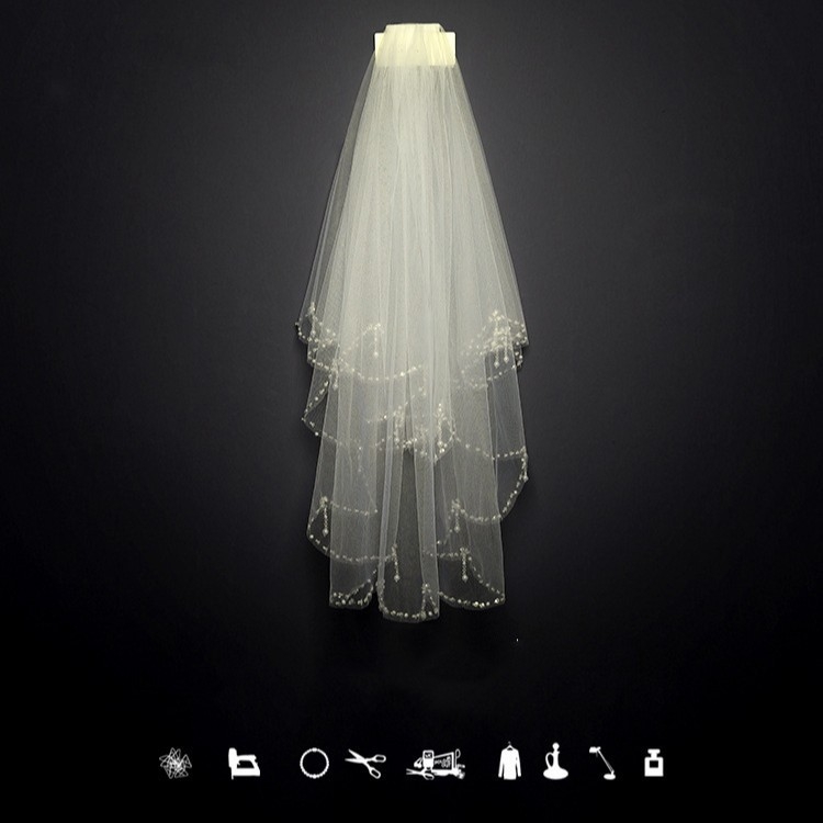 Νυφικό πέπλο από δίχτυ, διπλού στρώματος, με λευκά κρύσταλλα· απλό στυλ, κατάλληλο για γάμο, γενέθλια, φεστιβάλ