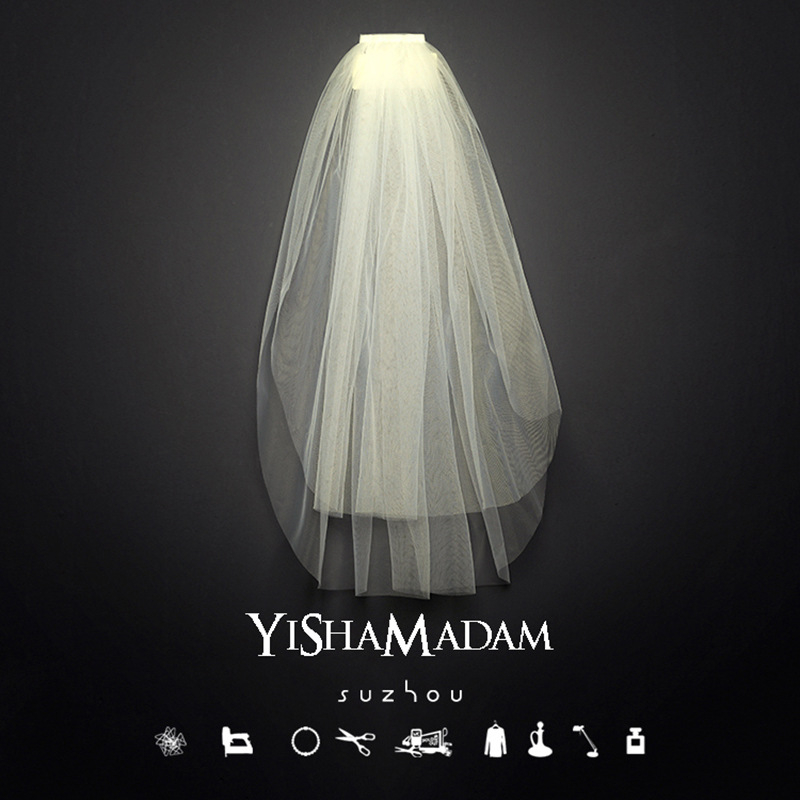 Νυφικό πέπλο από δίχτυ, διπλού στρώματος, με λευκά κρύσταλλα· απλό στυλ, κατάλληλο για γάμο, γενέθλια, φεστιβάλ