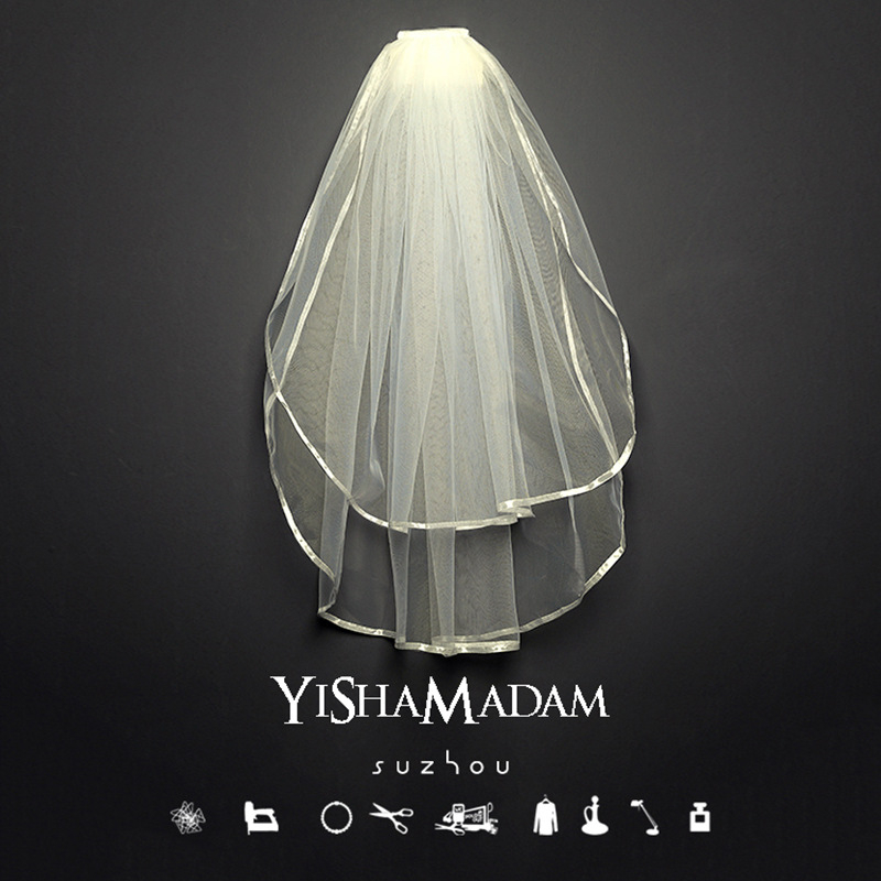 Νυφικό πέπλο από δίχτυ, διπλού στρώματος, με λευκά κρύσταλλα· απλό στυλ, κατάλληλο για γάμο, γενέθλια, φεστιβάλ