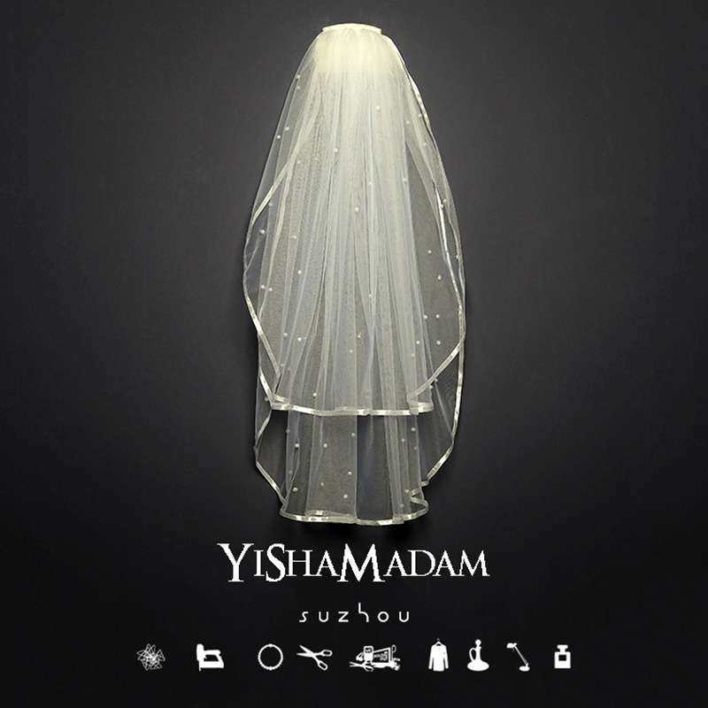 Νυφικό πέπλο από δίχτυ, διπλού στρώματος, με λευκά κρύσταλλα· απλό στυλ, κατάλληλο για γάμο, γενέθλια, φεστιβάλ