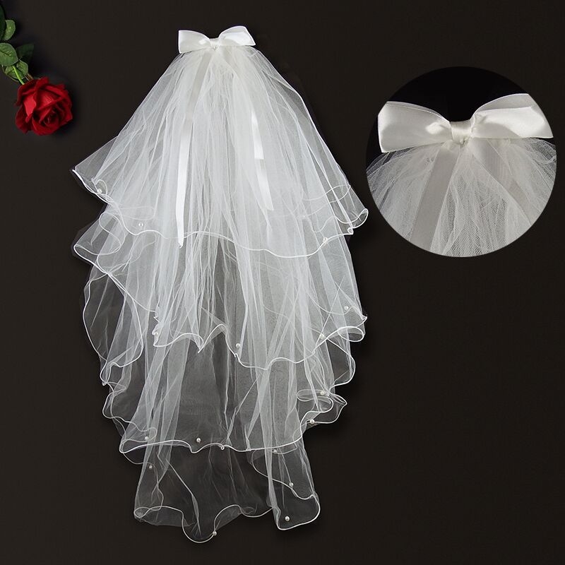 Νυφικό πέπλο από δίχτυ, διπλού στρώματος, με λευκά κρύσταλλα· απλό στυλ, κατάλληλο για γάμο, γενέθλια, φεστιβάλ