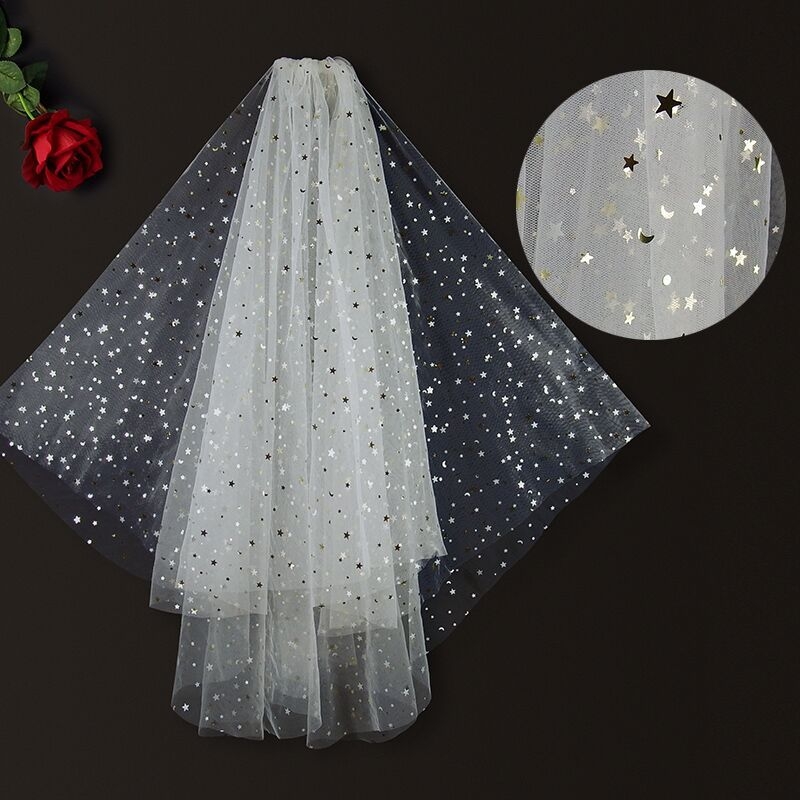 Νυφικό πέπλο από δίχτυ, διπλού στρώματος, με λευκά κρύσταλλα· απλό στυλ, κατάλληλο για γάμο, γενέθλια, φεστιβάλ