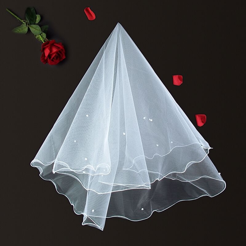 Νυφικό πέπλο από δίχτυ, διπλού στρώματος, με λευκά κρύσταλλα· απλό στυλ, κατάλληλο για γάμο, γενέθλια, φεστιβάλ