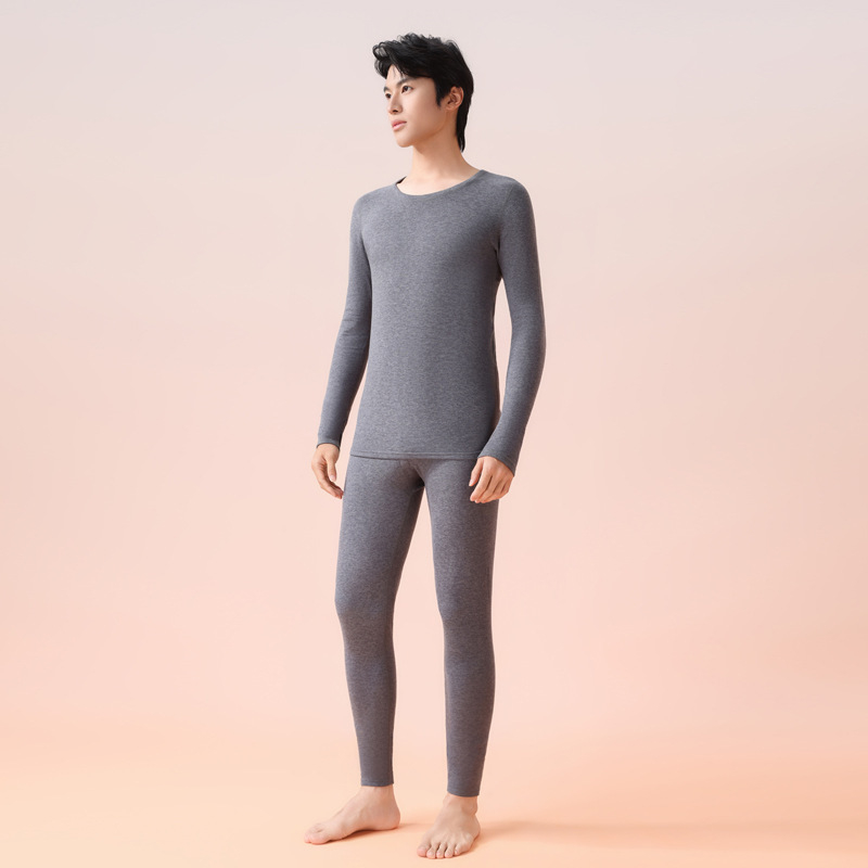 Set unisex de lenjerie termică, cu căptușeală fleece, țesătură extra groasă, guler rotund, bluza cu mânecă lungă și pantaloni lungi