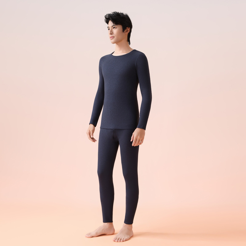 Set unisex de lenjerie termică, cu căptușeală fleece, țesătură extra groasă, guler rotund, bluza cu mânecă lungă și pantaloni lungi