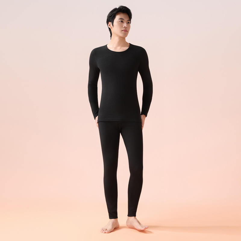 Set unisex de lenjerie termică, cu căptușeală fleece, țesătură extra groasă, guler rotund, bluza cu mânecă lungă și pantaloni lungi