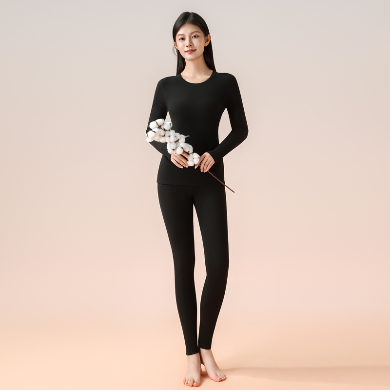 Set unisex de lenjerie termică, cu căptușeală fleece, țesătură extra groasă, guler rotund, bluza cu mânecă lungă și pantaloni lungi