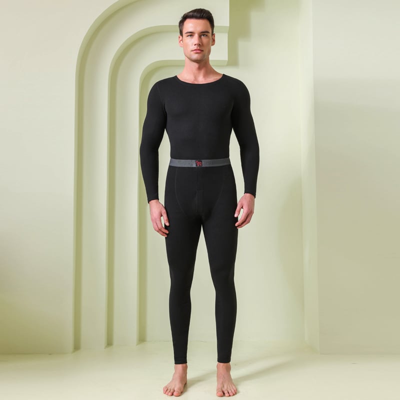 Set unisex de lenjerie termică, cu căptușeală fleece, țesătură extra groasă, guler rotund, bluza cu mânecă lungă și pantaloni lungi