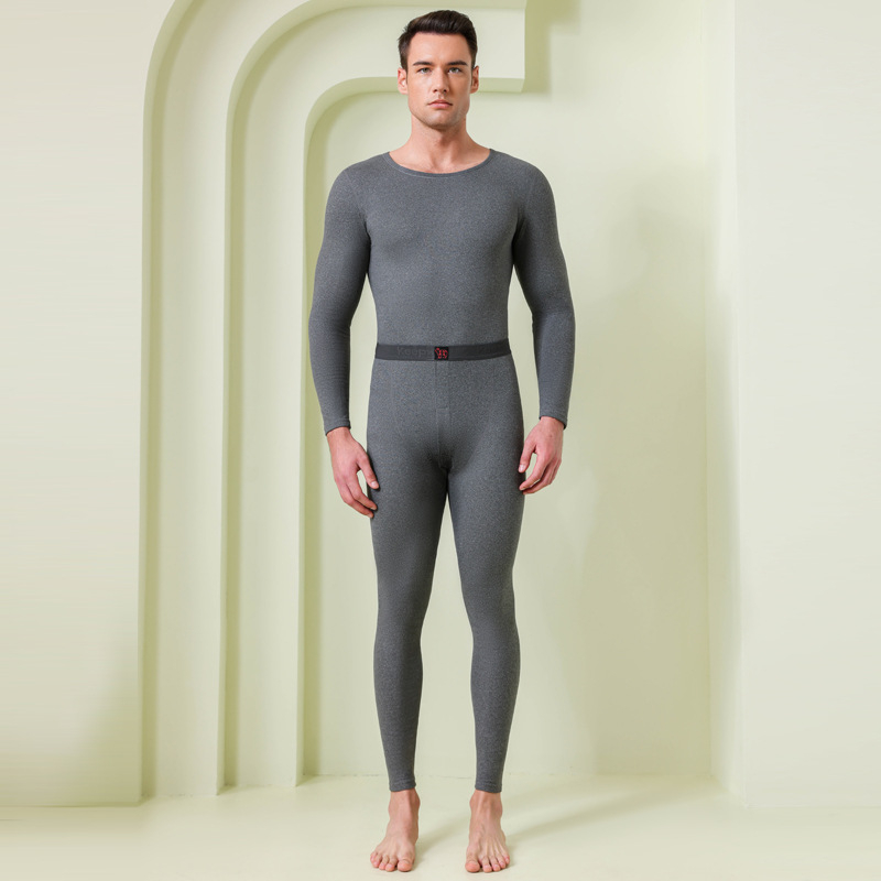 Set unisex de lenjerie termică, cu căptușeală fleece, țesătură extra groasă, guler rotund, bluza cu mânecă lungă și pantaloni lungi