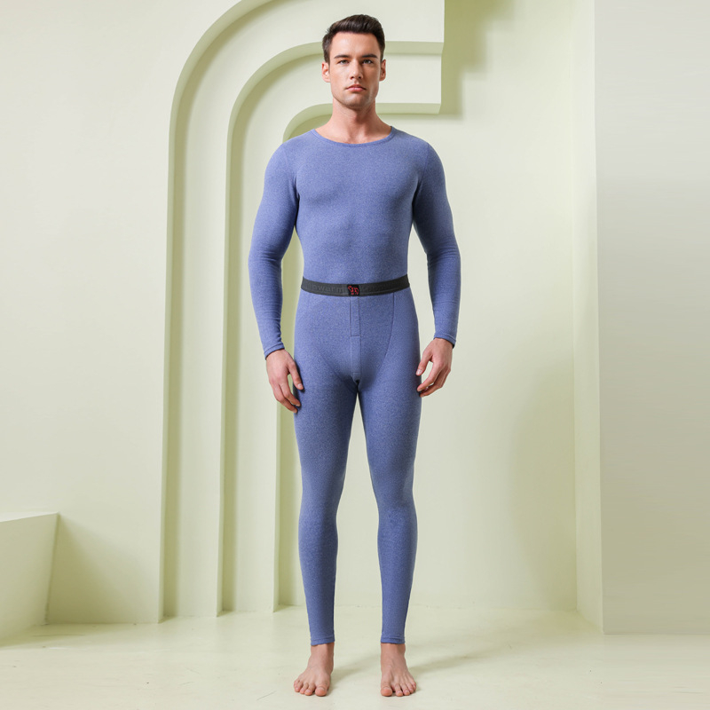 Set unisex de lenjerie termică, cu căptușeală fleece, țesătură extra groasă, guler rotund, bluza cu mânecă lungă și pantaloni lungi