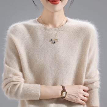 Пуловер за жени от вълна с кръгло деколте – дебел, свободен силует, стандартна дължина, 95% вълна