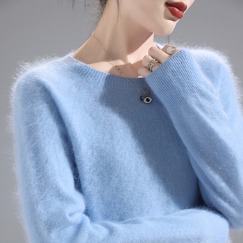 Пуловер за жени от вълна с кръгло деколте – дебел, свободен силует, стандартна дължина, 95% вълна