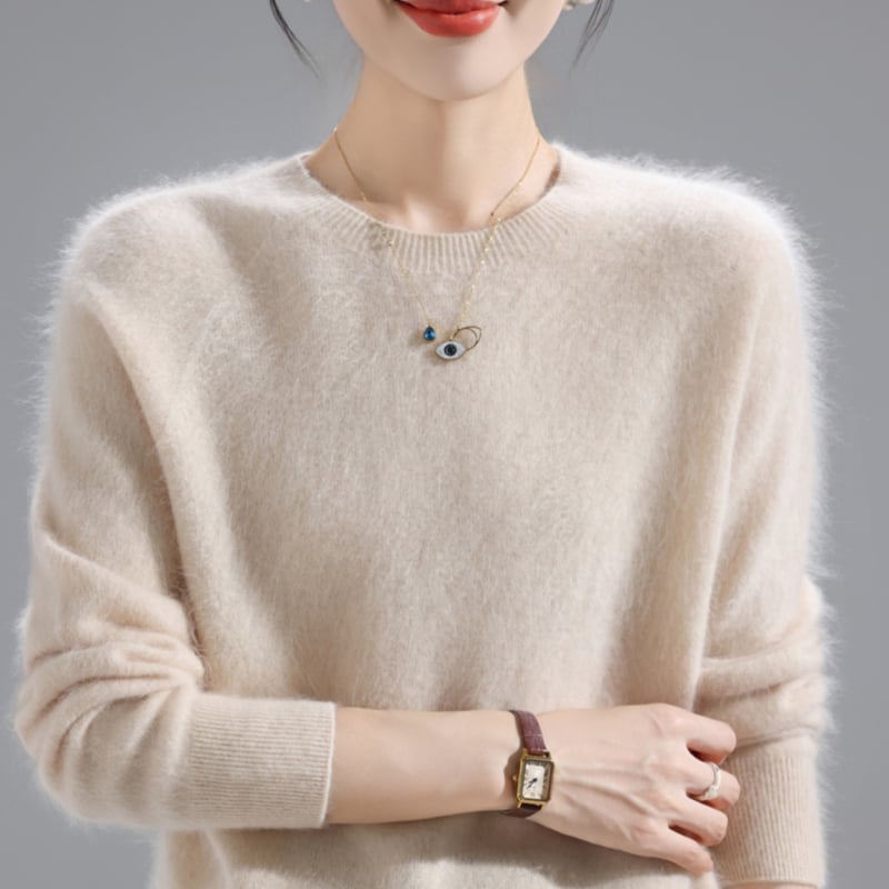 Пуловер за жени от вълна с кръгло деколте – дебел, свободен силует, стандартна дължина, 95% вълна