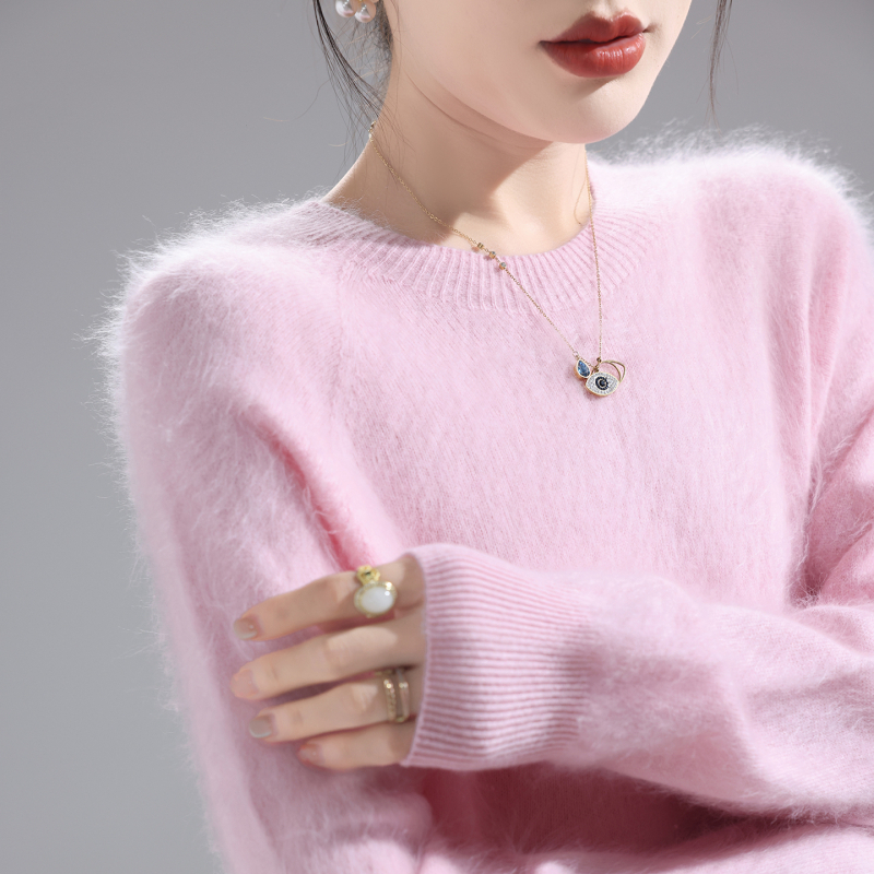 Пуловер за жени от вълна с кръгло деколте – дебел, свободен силует, стандартна дължина, 95% вълна