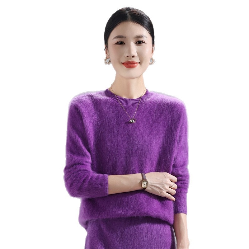 Пуловер за жени от вълна с кръгло деколте – дебел, свободен силует, стандартна дължина, 95% вълна