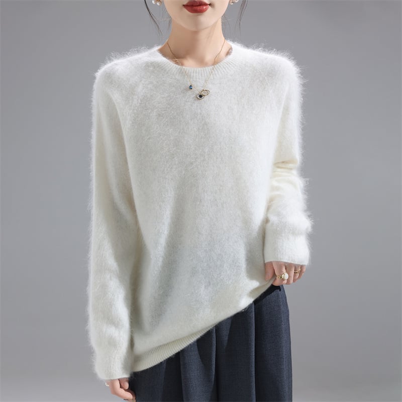 Пуловер за жени от вълна с кръгло деколте – дебел, свободен силует, стандартна дължина, 95% вълна