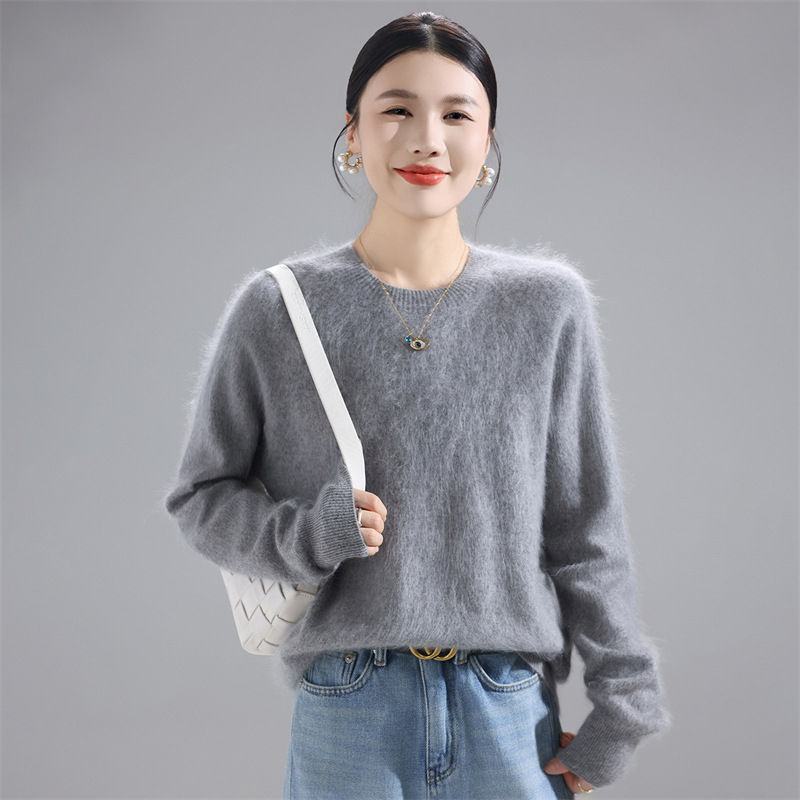 Пуловер за жени от вълна с кръгло деколте – дебел, свободен силует, стандартна дължина, 95% вълна