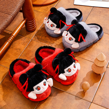 Унисекс памучни чехли с EVA подметка, плюшено горно покритие, подплата от полар, противохлъзгащи, топли и удобни, карикатурен дизайн за зимни и есенни дни