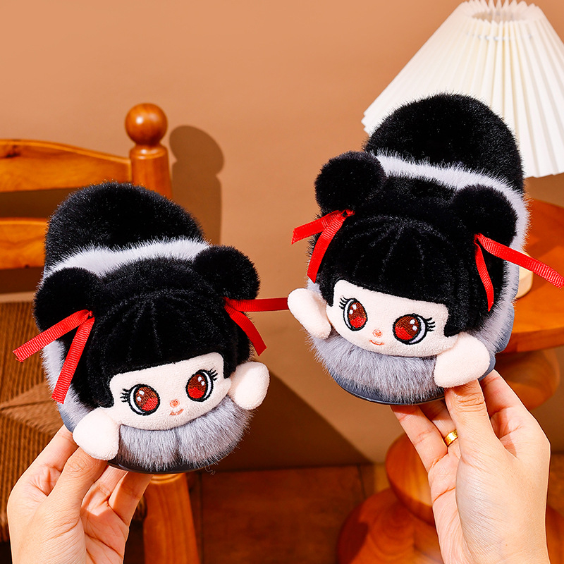 Унисекс памучни чехли с EVA подметка, плюшено горно покритие, подплата от полар, противохлъзгащи, топли и удобни, карикатурен дизайн за зимни и есенни дни