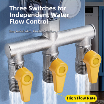 Mosazný rozdělovač vody na kohútik, 1 vstup 3 výstupy, závitové pripojenie, 0–90°C