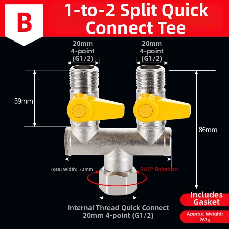 Mosazný rozdělovač vody na kohútik, 1 vstup 3 výstupy, závitové pripojenie, 0–90°C