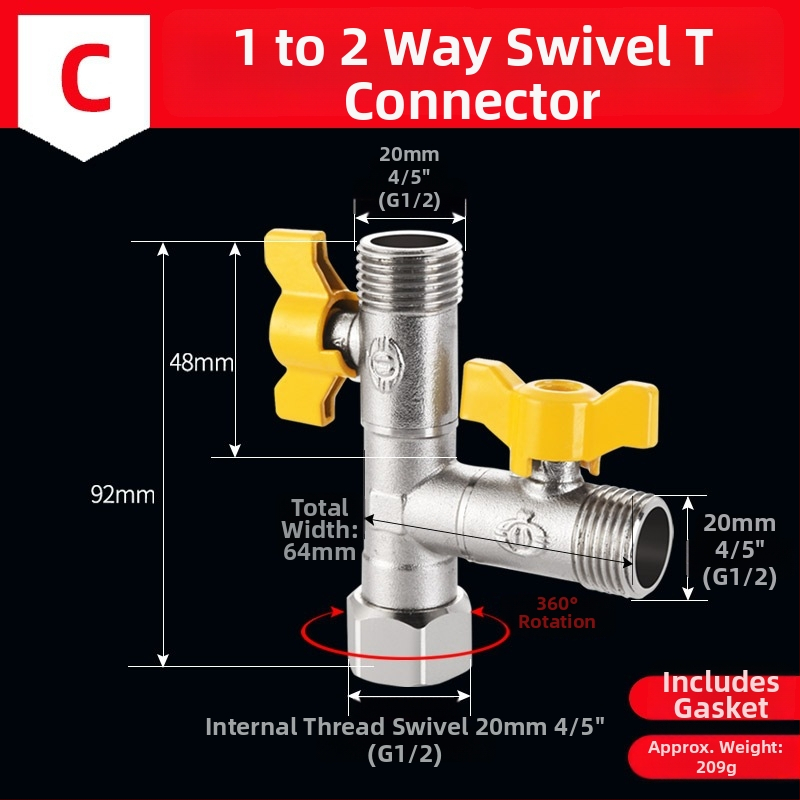 Mosazný rozdělovač vody na kohútik, 1 vstup 3 výstupy, závitové pripojenie, 0–90°C