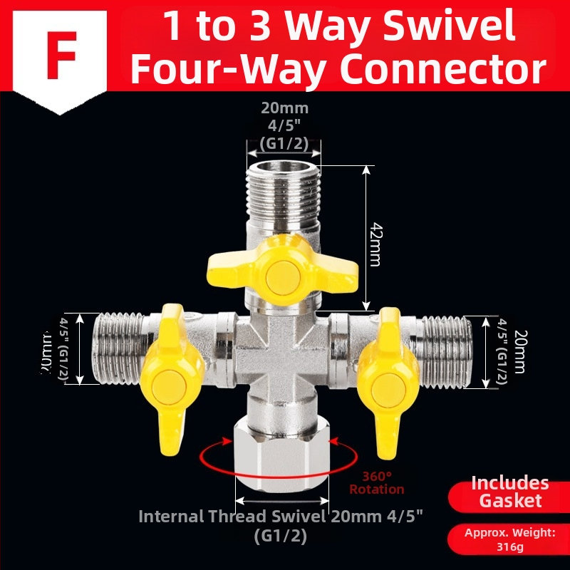Mosazný rozdělovač vody na kohútik, 1 vstup 3 výstupy, závitové pripojenie, 0–90°C
