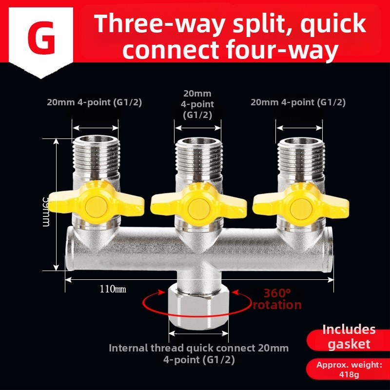 Mosazný rozdělovač vody na kohútik, 1 vstup 3 výstupy, závitové pripojenie, 0–90°C