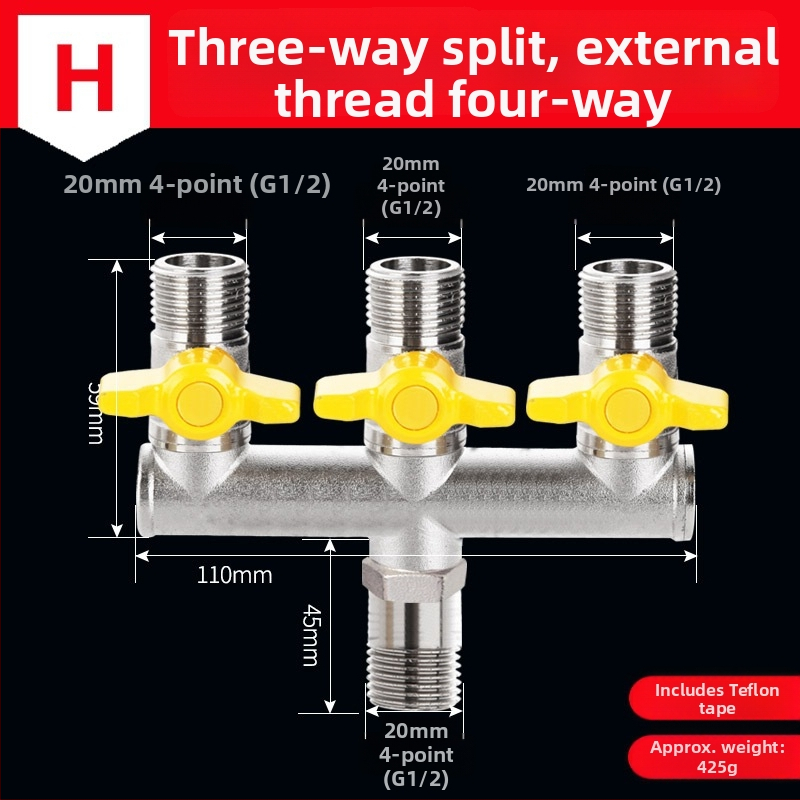Mosazný rozdělovač vody na kohútik, 1 vstup 3 výstupy, závitové pripojenie, 0–90°C