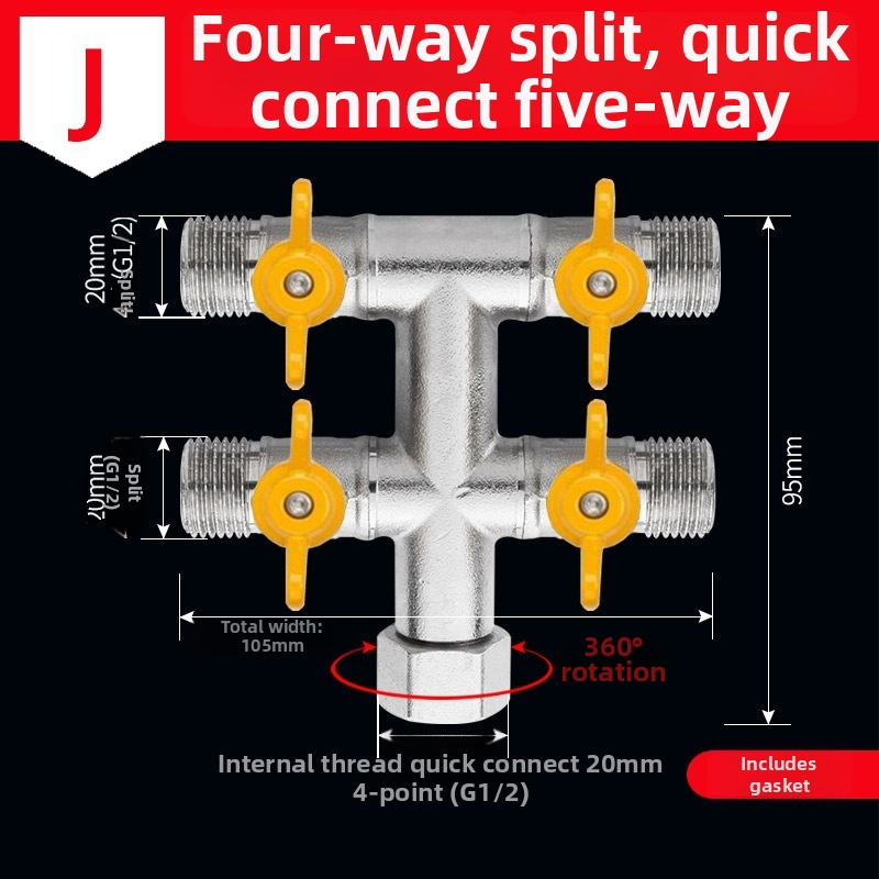 Mosazný rozdělovač vody na kohútik, 1 vstup 3 výstupy, závitové pripojenie, 0–90°C