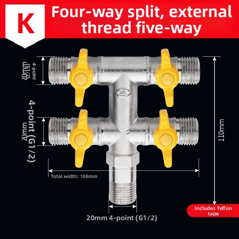 Mosazný rozdělovač vody na kohútik, 1 vstup 3 výstupy, závitové pripojenie, 0–90°C