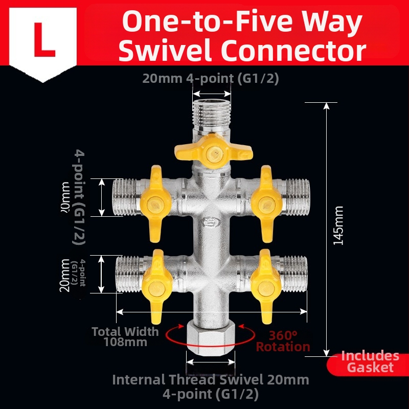 Mosazný rozdělovač vody na kohútik, 1 vstup 3 výstupy, závitové pripojenie, 0–90°C