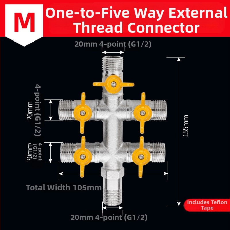 Mosazný rozdělovač vody na kohútik, 1 vstup 3 výstupy, závitové pripojenie, 0–90°C