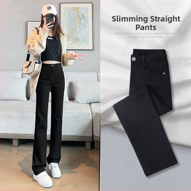 Jeansi din denim cu căptușeală fleece, talie înaltă, croială dreaptă, material gros, elasticitate mare