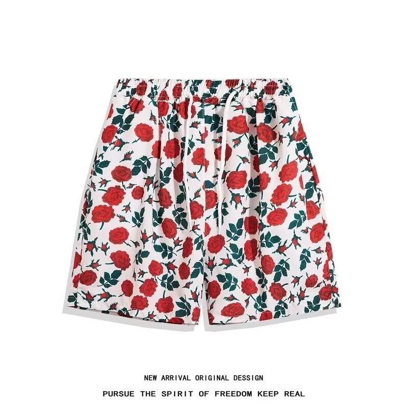 Σορτς με φλοράλ εκτύπωση - χαλαρή γραμμή, μισού μήκους, κοπή τύπου τρομπέτα, 95% σπάντεξ μικροελαστικότητα, Καλοκαίρι